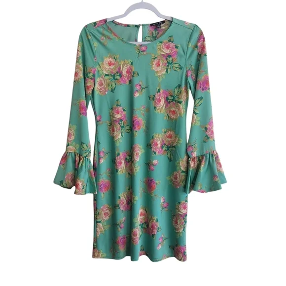 J. Crew Bell Long Sleeve Floral Green Winter Garden Shift Dress- size 0
